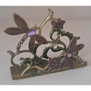 Vintage Metal Dragonfly, Floral & Rhinestones Enameled Business Card Holder